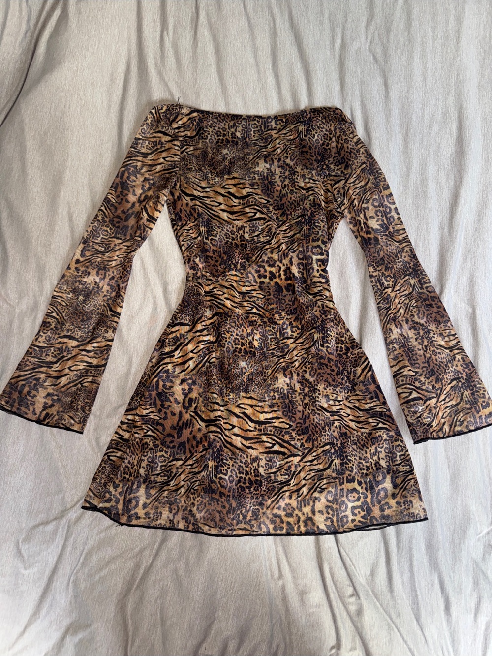 Animal Print Bell Sleeve Mini Dress - Brown